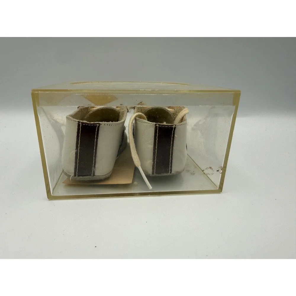Vintage Wee Walker Baby Shoes White Brown Lace Up Crib Shoes Original Box